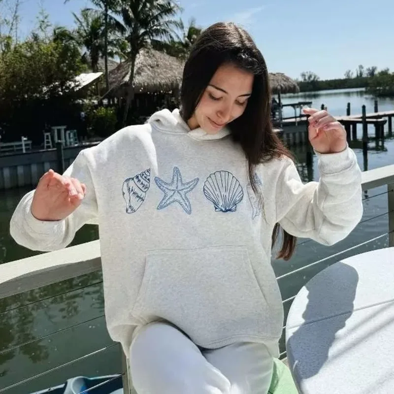 

Простой узор с вышивкой ракушки, серый пуловер, толстовка, топ для женщин, модный повседневный пуловер, свободная белая, серая спортивная рубашка