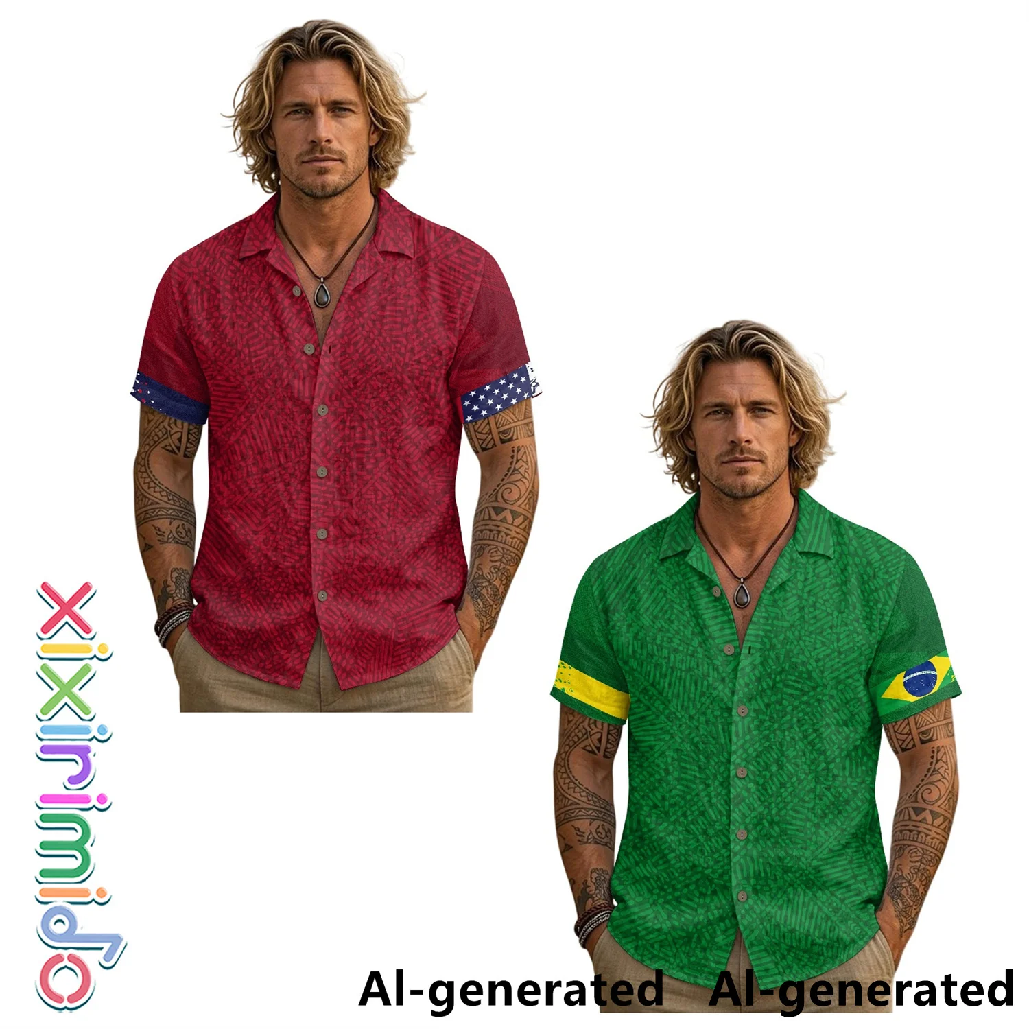 

XIXIRIMIDO Men's V-Neck Casual Linen Button Short-Sleeved Shirt National Flag Minimalist DesignT-Shirt Turn-down collar tops