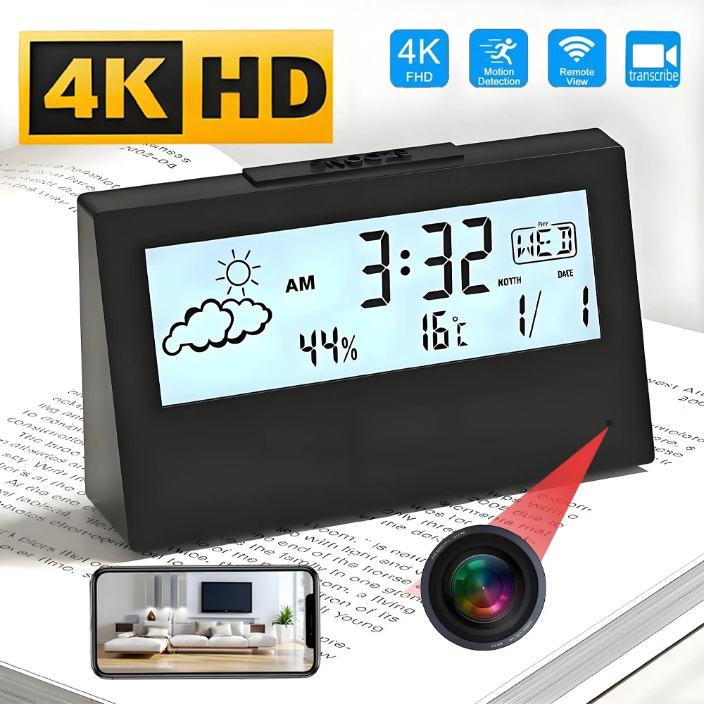 Mini caméra sans fil avec horloge WiFi 4K, prend en charge la visualisation à distance, la détection de mouvement, le stockage en boucle, la caméra 4KHD de style nounou à domicile