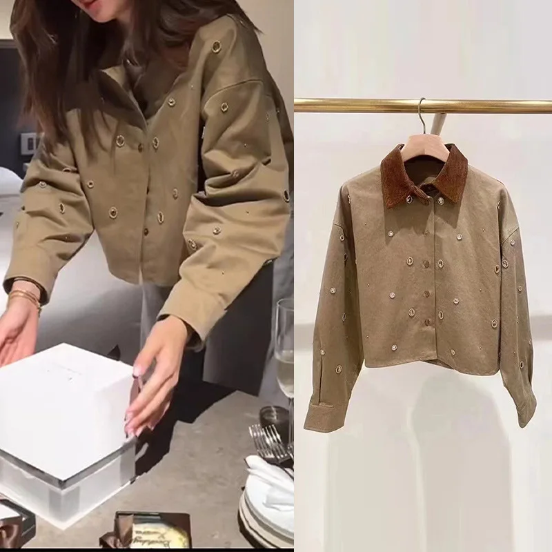 

French Style 2025 Autumn Winter Trendy Velvet Collar Short Jacket with Rhinestones Easy Care