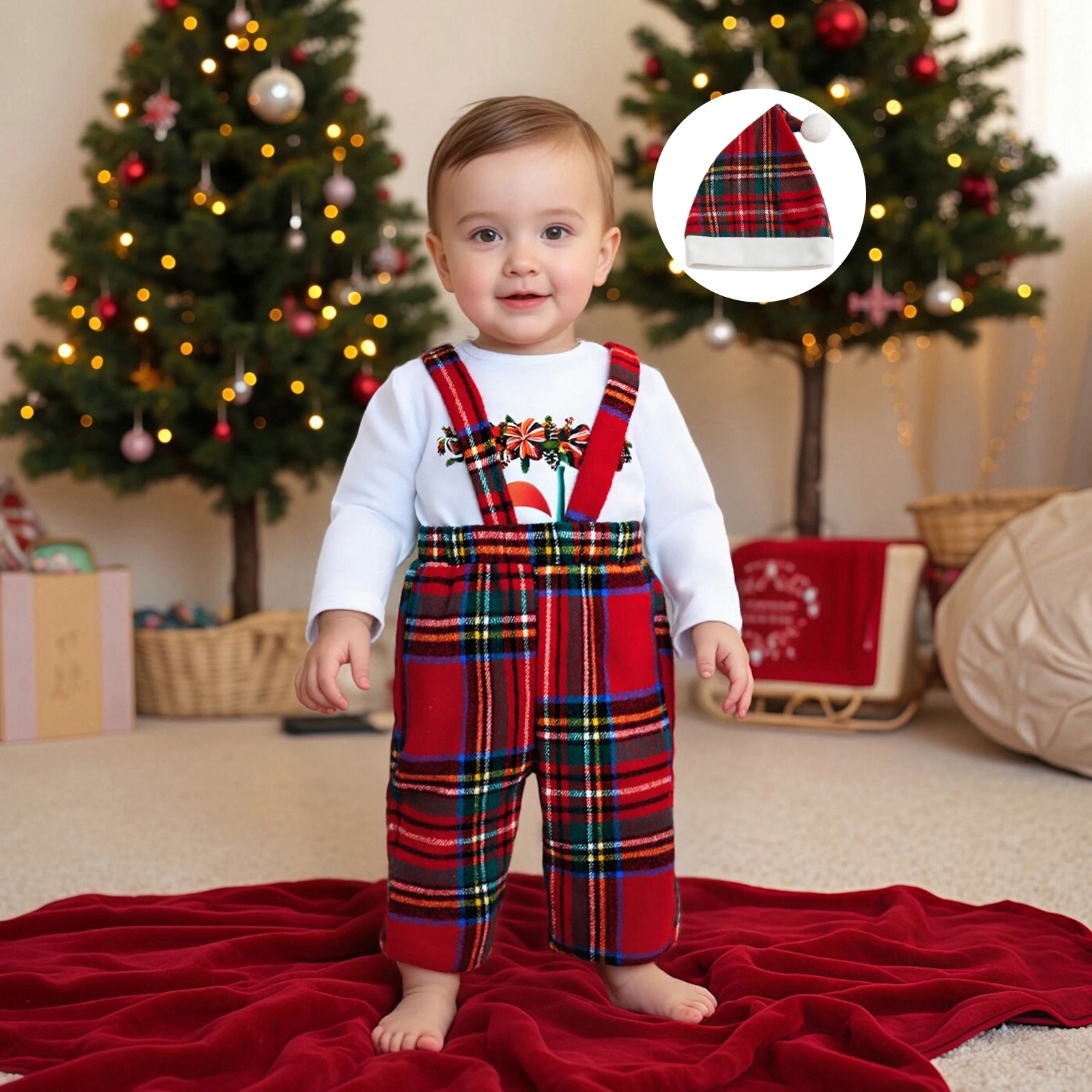 2026 السنة الجديدة عيد الميلاد بيبي بوي فتاة زي عيد الميلاد سانتا طويلة الأكمام رومبير منقوشة الحمالات السراويل وقبعة 3 قطعة مجموعة