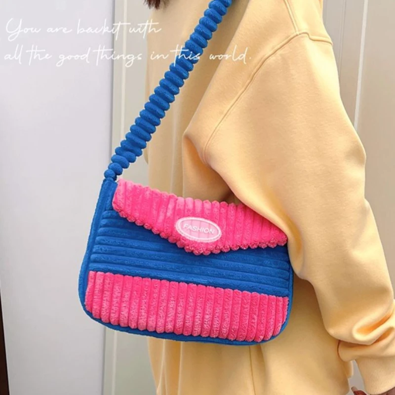 Pink Khaki Red Blue Color Block Corduroy Plush Contrast Crossbody Shoulder Phone Purse for Women Cute Sweet Underarm Bag Commute