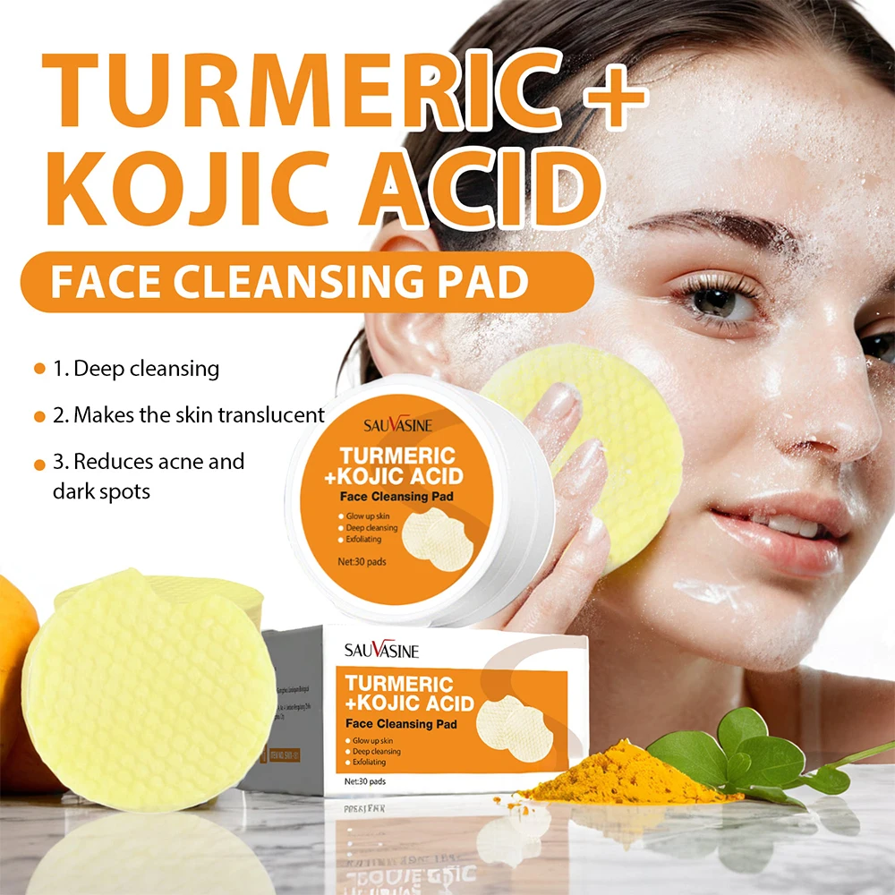 30pcs Turmeric Kojic Acid Cleansing Pads Face Cleanser Pad Gentle Dirt Removal Facial Deep Cleaning Skin Lightening Soap