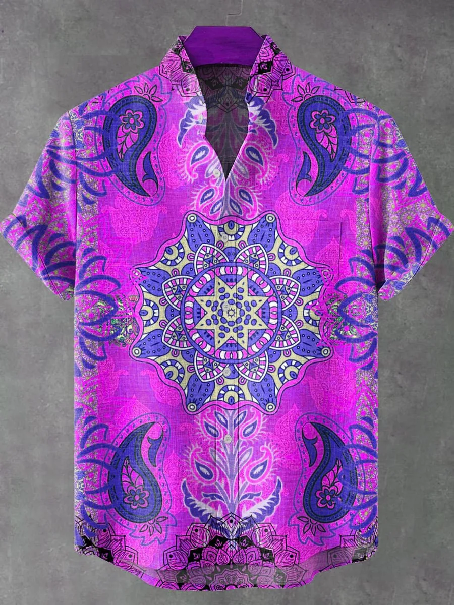 

Fashionable summer 3D printed totem style design pattern men's casual linen short sleeved shirt stand collar single row button u