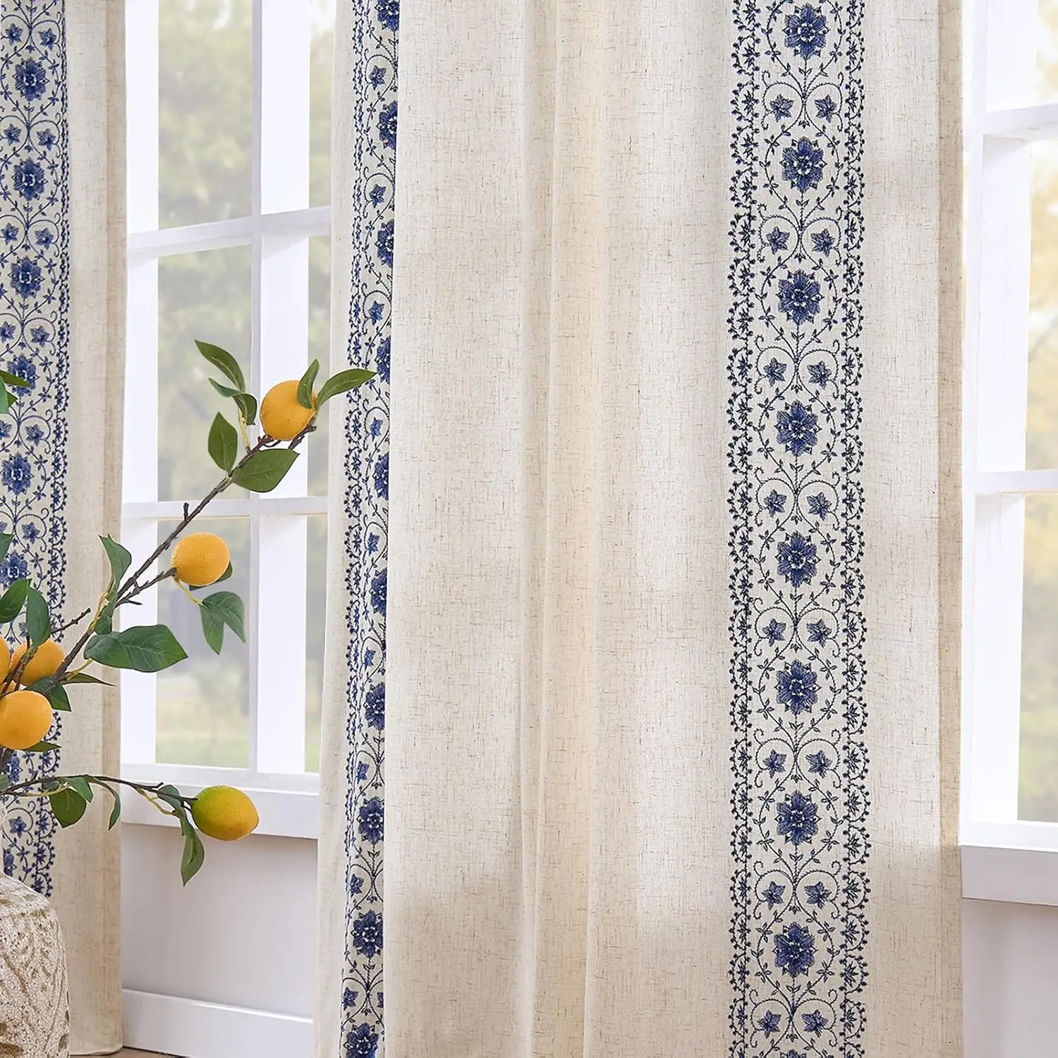 

Weslie Boho Lined Linen Curtains for Living Room Blue Vintage Floral Farmhouse Curtains 108 Inches Long Extra Long Drape