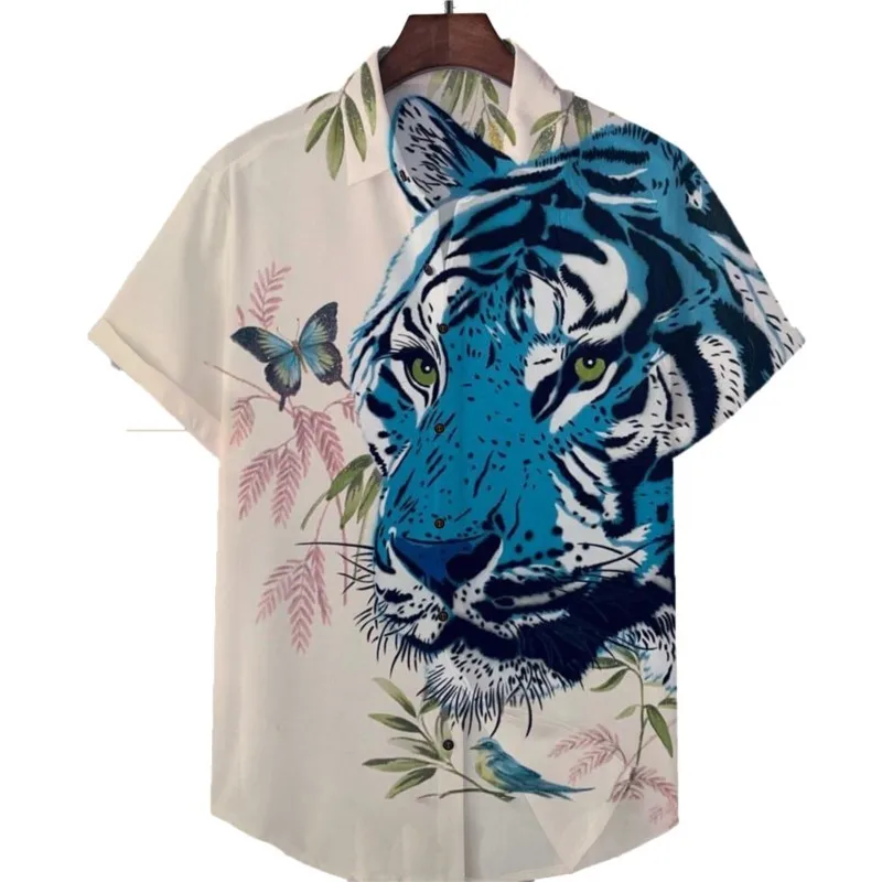 New Summer Casual Hawaiian Retro Wolf Lion Dragon Animal Art Pattern Shirt Men's Hawaiian Shirt Street Men's Lapel Button Shirt