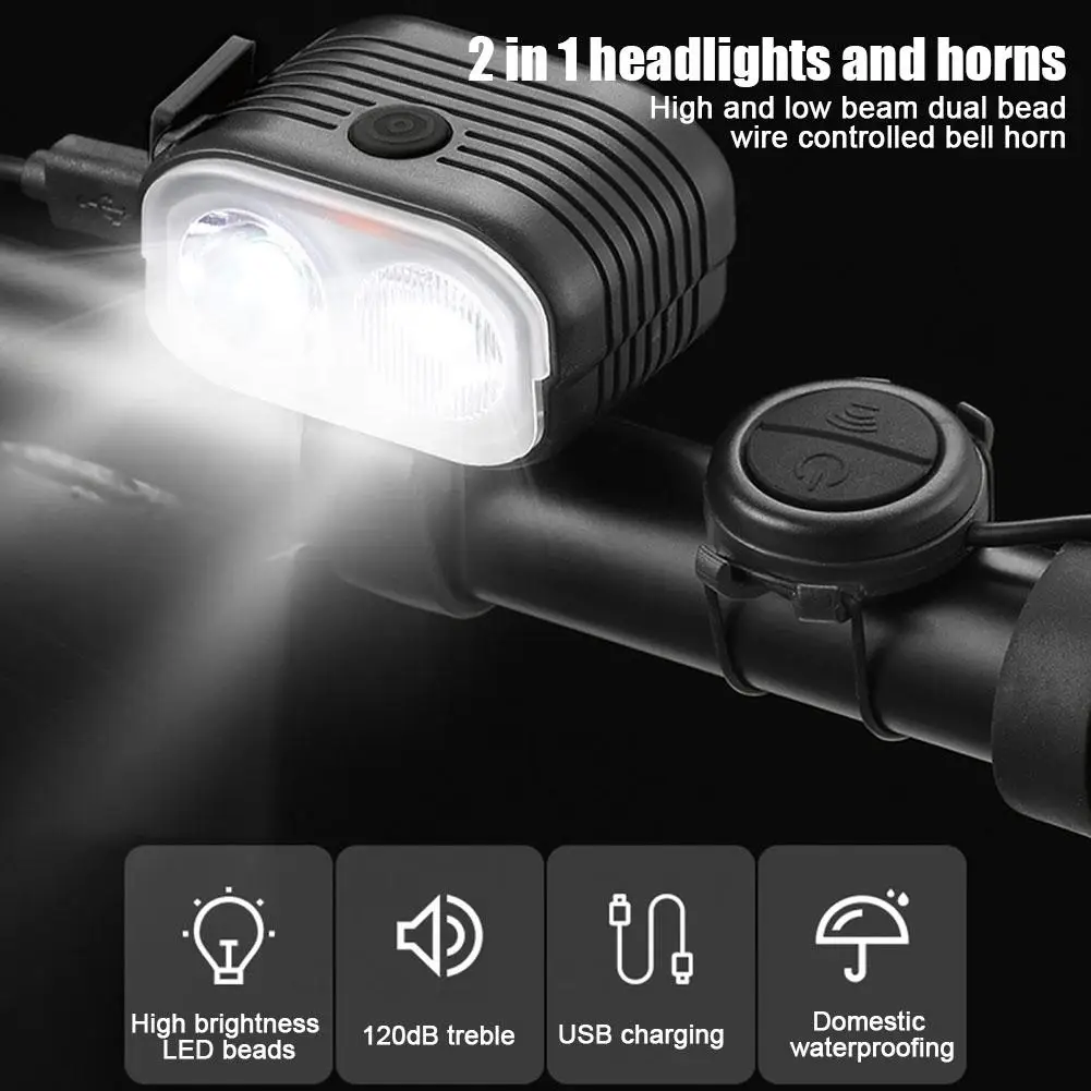 Bike Headlight With Horn Usb Rechargeable Waterproof Brighten Bike High Safety Accessories Multi-functional Night Cycling W6e2