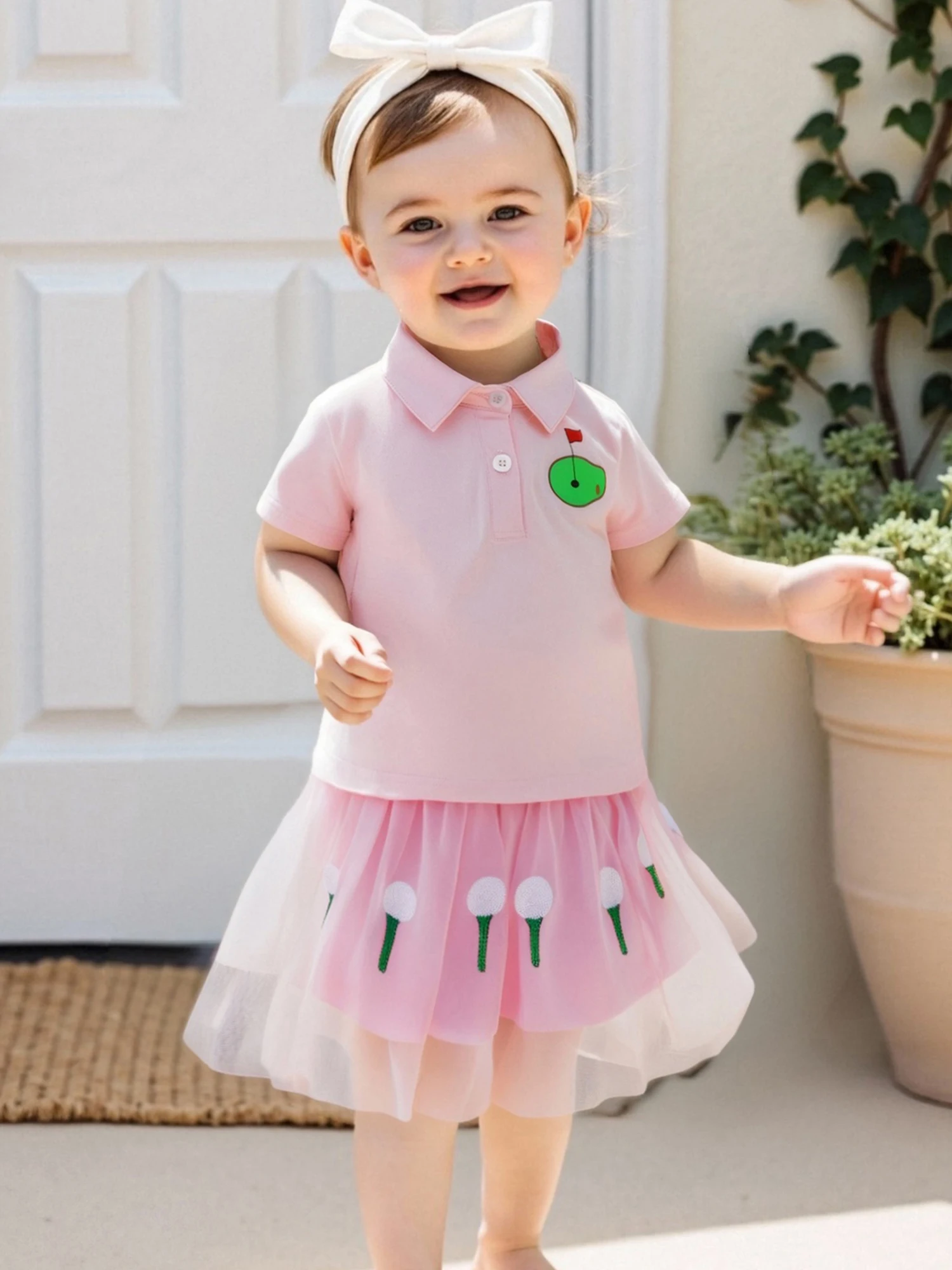 

Toddler Girls Clothes Summer Children Short Sleeve Lapel Golf Course Print Tops A-line Tulle Skirt Set 2Pcs Outfits