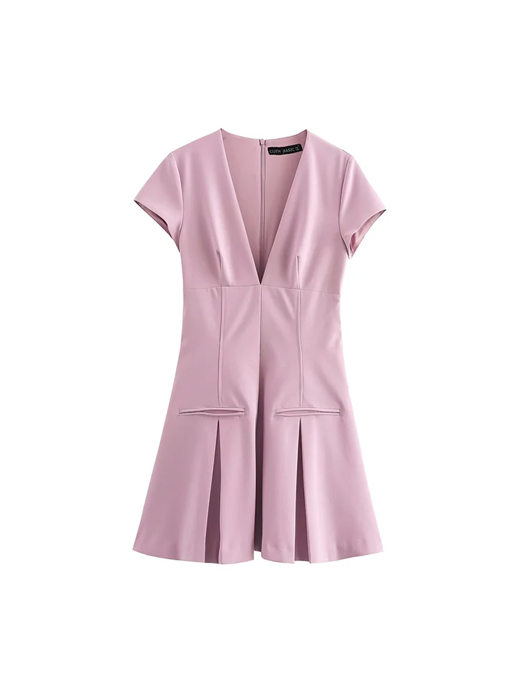 

2024 autumn new fashion waist slimming temperament wide pleated V-neck short sleeve short dress for women