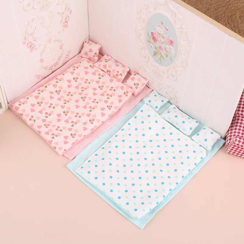 1Set 1:12 Dollhouse Miniature Bed Four Piece Bed Set Bed Sheet Quilt Pillow Quilt Cover Bedroom Bedding Model Decor Toy