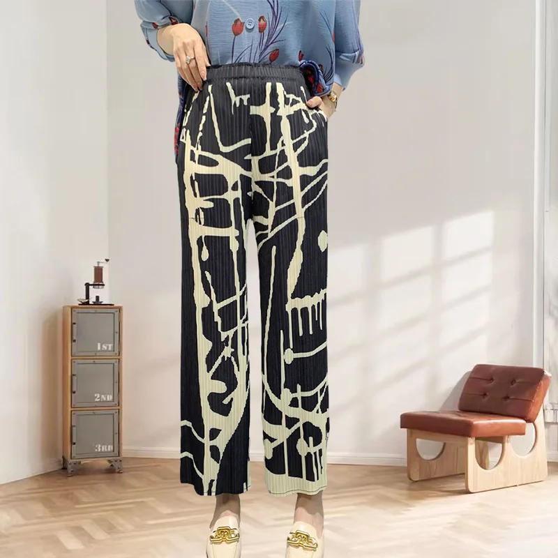

Miyake Pleated 2025 Summer Pleated Pants Women Straight Fold Pants Comfortable Casual High Waist Slim Print Wide Leg Trousers