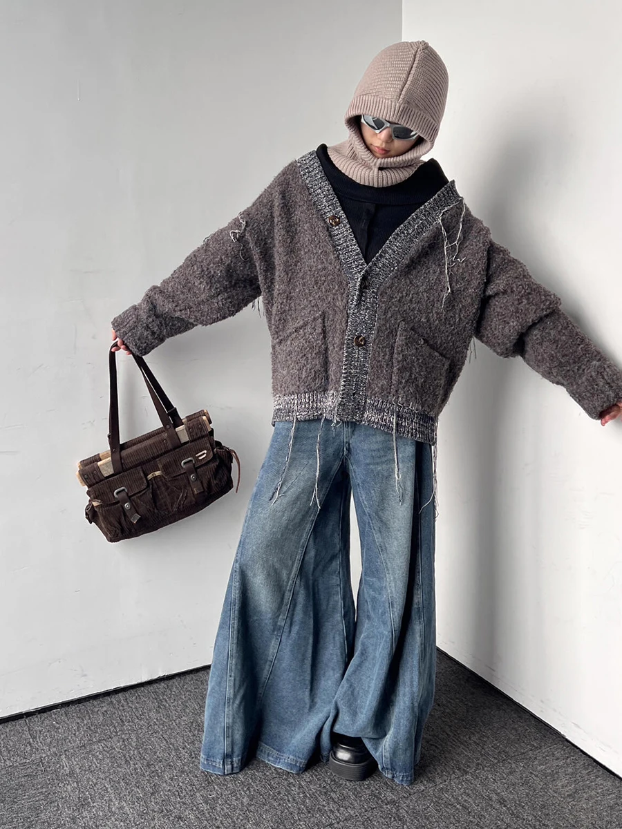 REDDACHiC Denim Blue Elephant Bell Bottoms Women Whiskers Do Old Patchwork Seam Oversized Flare Jeans Grunge Harajuku Streetwear