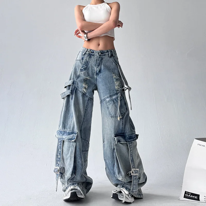 2026 Personalized Ribbon Ripped Irregular Button Jeans Women Vintage Wide Legs Multiple Pockets Distress Streetwear Cargo Pants
