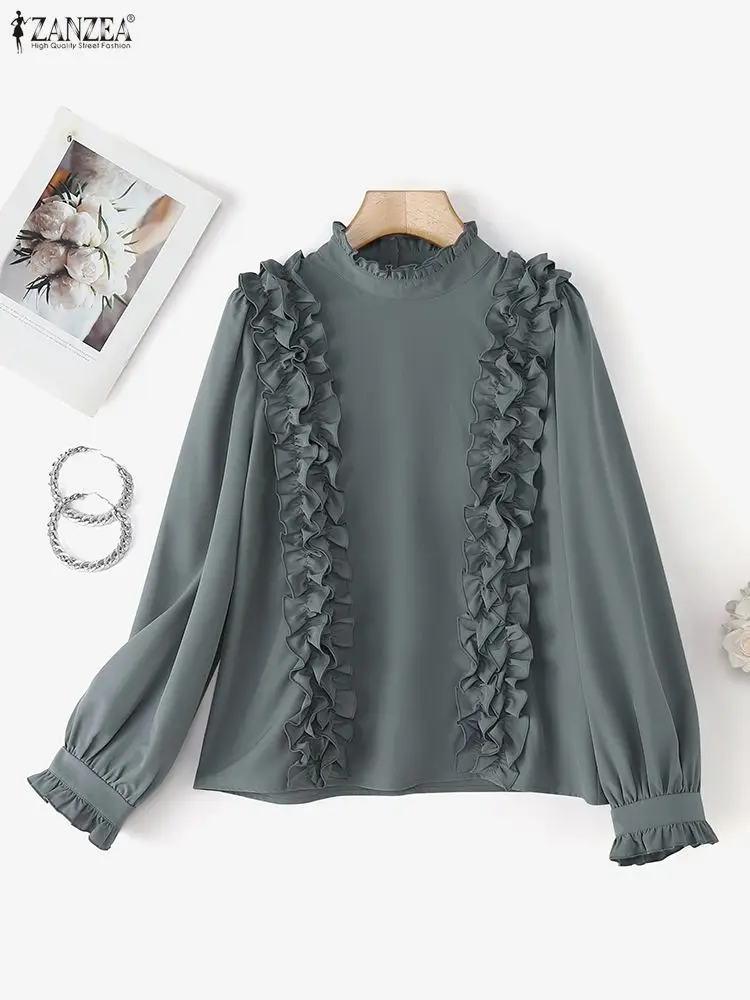 Zanzea elegante blusa com babados feminina manga longa elegante ol camisas de escritório 2025 moda gola casual sólido streetwear topos