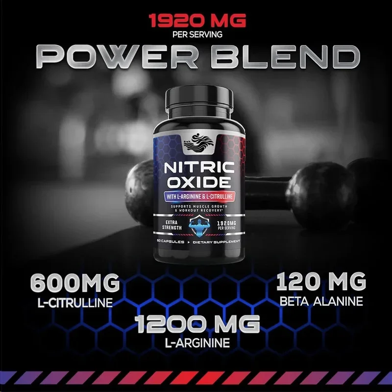 60 Capsules Nitric Oxide Supplement L Arginine 3x Strength - Citrulline Malate - Strength and Energy Enhancing Supplement