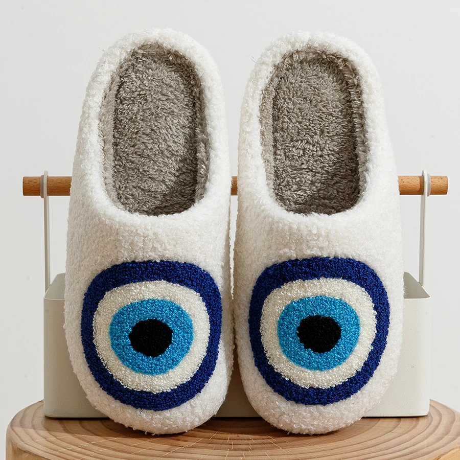 Fashion Embroidery Slippers Funny Big Eye Blue Cool Women Winter Indoor Bedroom Warm Soft Sole Plush Shoes Home Use