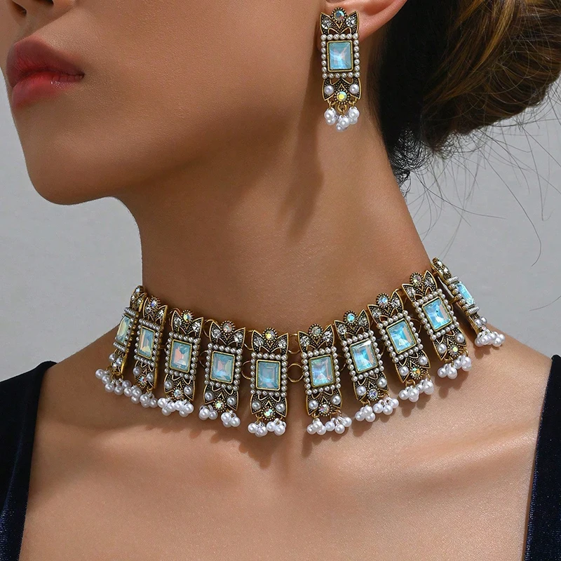 Kymyad Ethnic Geometric Glasses Beads Chunky Necklace Earrings For Women Vintage Simulated Pearl Beads Decoration Jewelry Sets