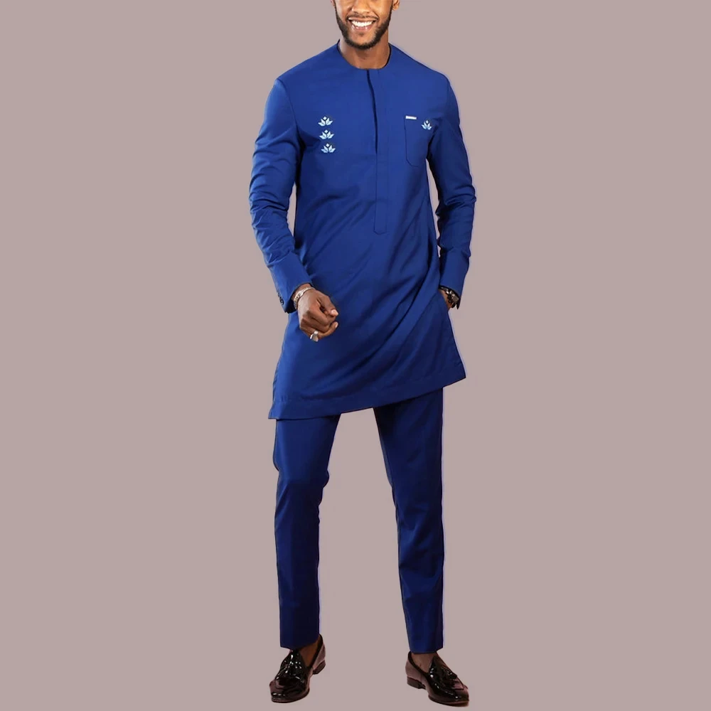 

2024 Men's Elegant Suit Shirt Pants 2-piece Two-piece Set Round Neck Stitching Solid Color Party Long Sleeve African Ethnic Styl