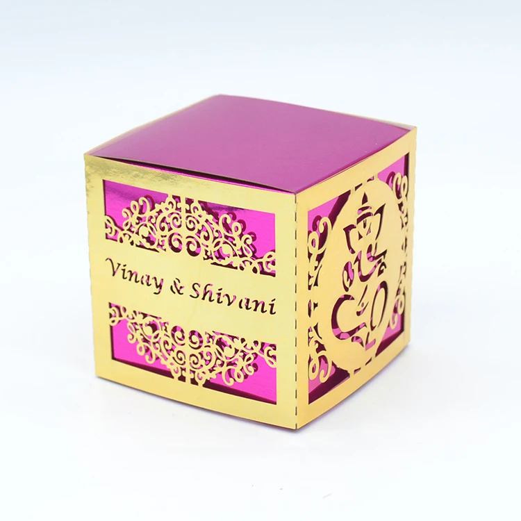 

Hot Pink Unique Indian Ganesh Favor Laser Cut Wedding Sweet Box with Gold Wrapper