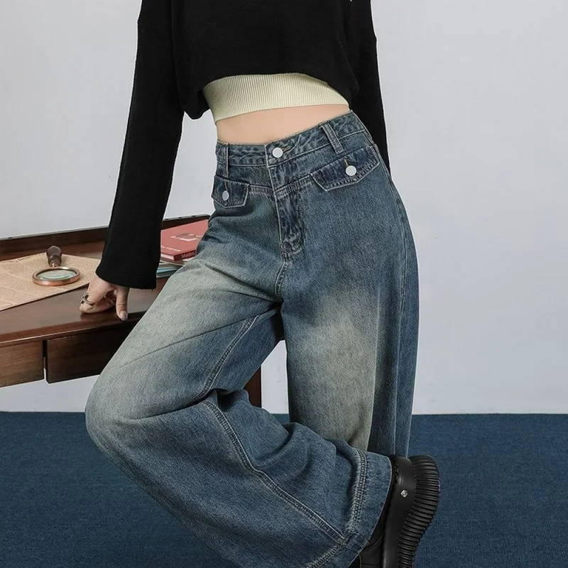 QICHE 2026 Autumn Women High Waist Wide Leg Jeans Straight Loose Fit Slimming Draping Effect Denim Pants Hot Sale