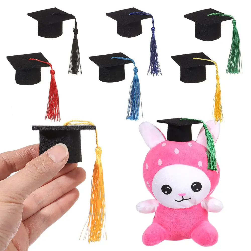 6Pcs Fashion Mini Graduation Hat Doctoral Cap Costume Top Hat With Tassels DIY Doll Decor Flowers Wine Bottle Dolls Decoration