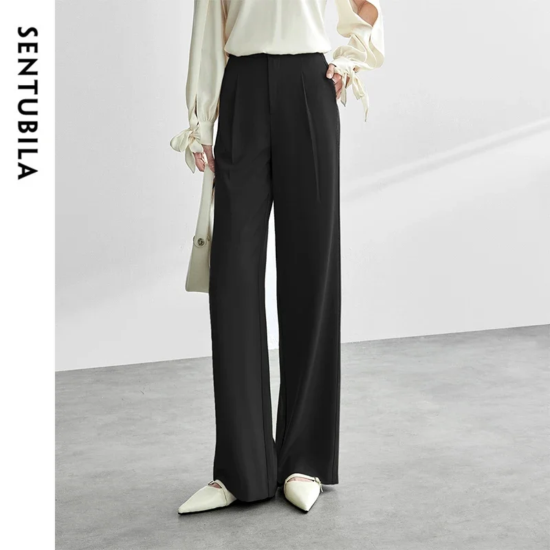 

SENTUBILA Office Lady Pants for Women Autumn 2025 Casual Folds Wide Leg Straight High-waist Full-length Trousers 151K58362