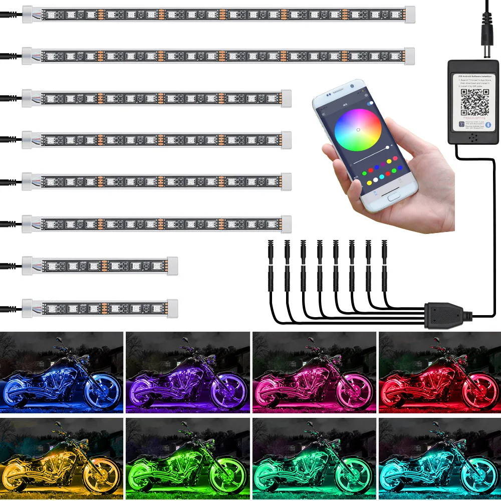 12V Motorcycle RGB Lights Car Decorative Ambient Lamps LED Strips Smart Bluetooth DIY Set Waterproof ATV Motorbike Accessories