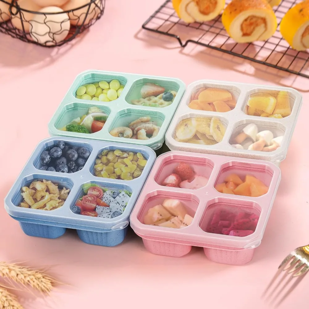 Reusable Bento Lunch Boxes for Kids Adults Meal Prep Lunch Containers 4 Compartment Small Wheat Straw Divided Food Storage