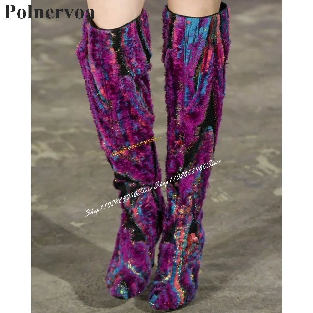 Luxury Over The Knee Mixed Color Fur Decor Boots High Heel Shoes For Women Slip On Round Toe 2024 Fashion Zapatos Para Mujere