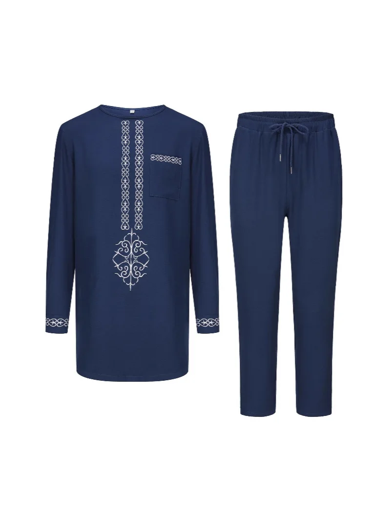 

Мужской комплект из двух предметов в африканском стиле с вышивкой, рубашка с длинным рукавом и повседневные брюки, стильный летний повседневный наряд, пляжный праздничный костюм