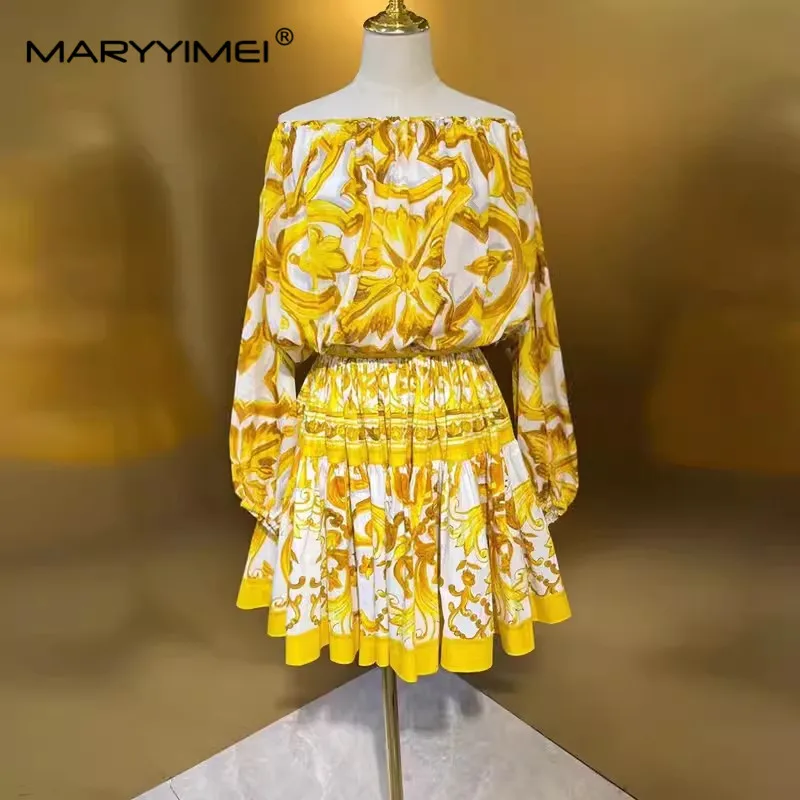 MARYYIMEI Spring Summer Fashion Women\'s Silk top Elegant Slash Neck Short Sleeved+ Cotton Baroque Style Half skirt