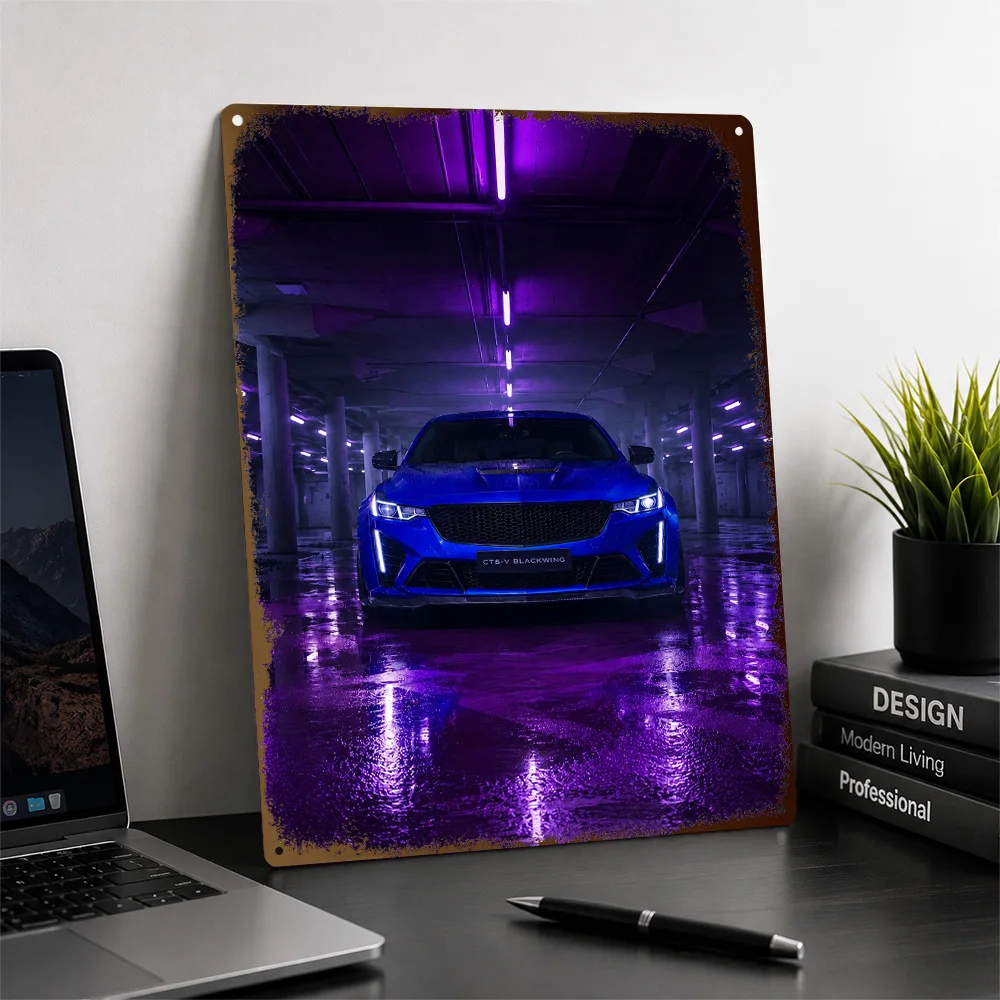 USA CT5-V Blackwing Electric Blue Sports Sedan Printed Poster Personalized Aluminum Metal Sign Track Style Wall Art In Any Den