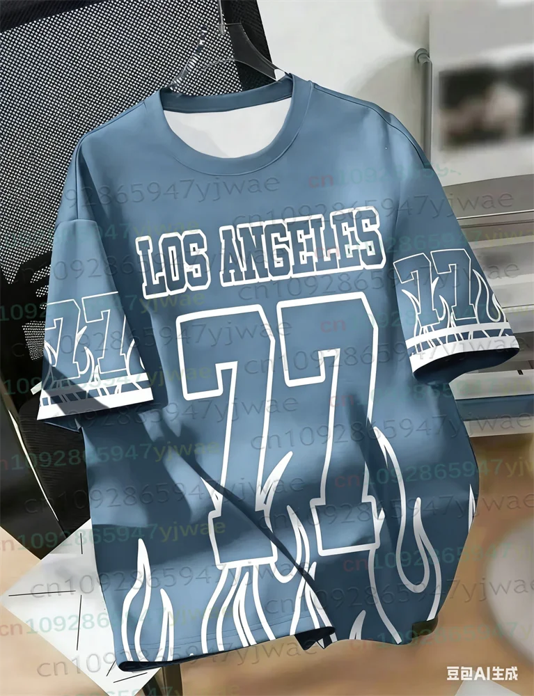 Los Angeles 77 Football Jersey Men's Summer Casual Breathable Round Neck Tee Flame Color 3D Print Streetwear Unisex Beach Tshirt view 6
