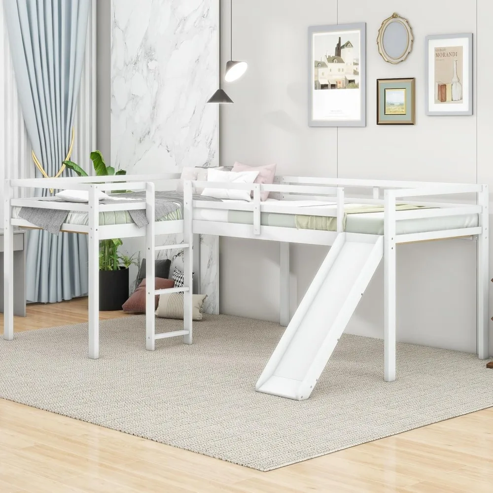 Dos camas tipo loft, litera doble en forma de L con escaleras y tobogán, litera para familia, niños, adolescentes, no necesita somier