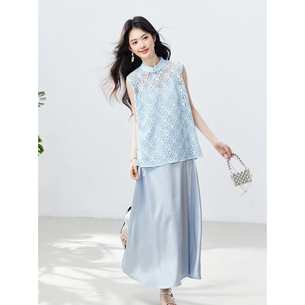 VIMLY Elegant Women's Dress Two-piece Set Heavy Cutout Crochet Sleeveless Top Satin Slip Dress Light Blue Summer Outfits 30960 view 4