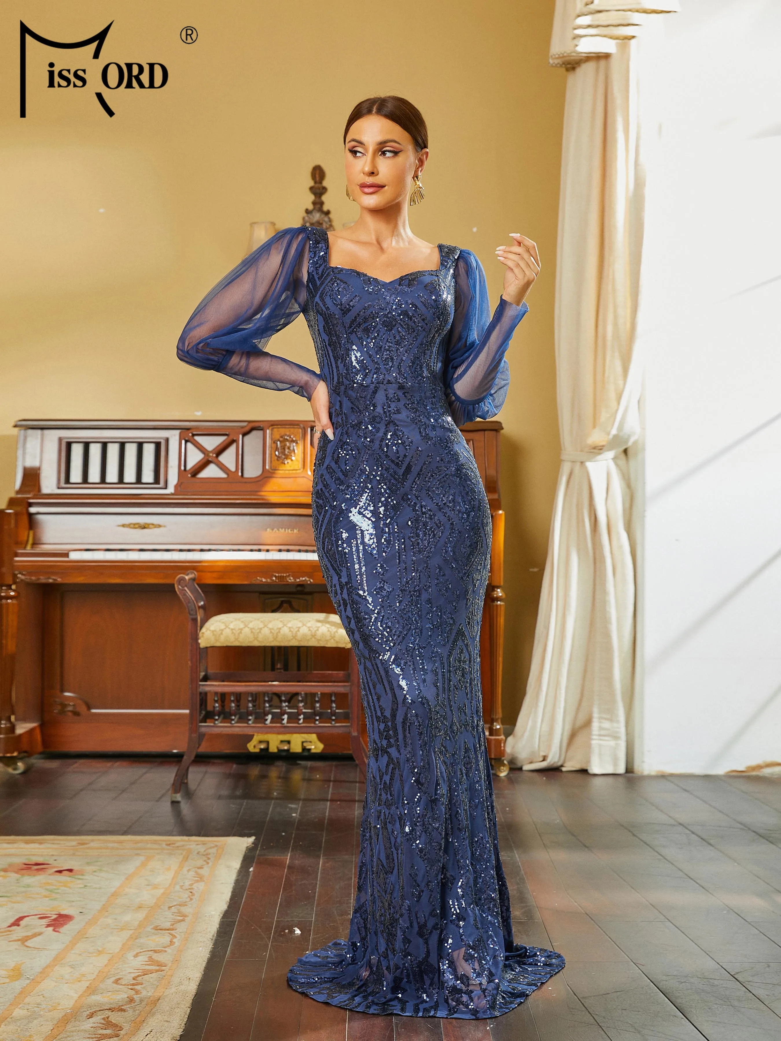 Missord-Robe Sirène en Tulle à Manches Lanternes et Paillettes, Tenue de Soirée Chic et Élégante de Luxe, Disponible en Bleu