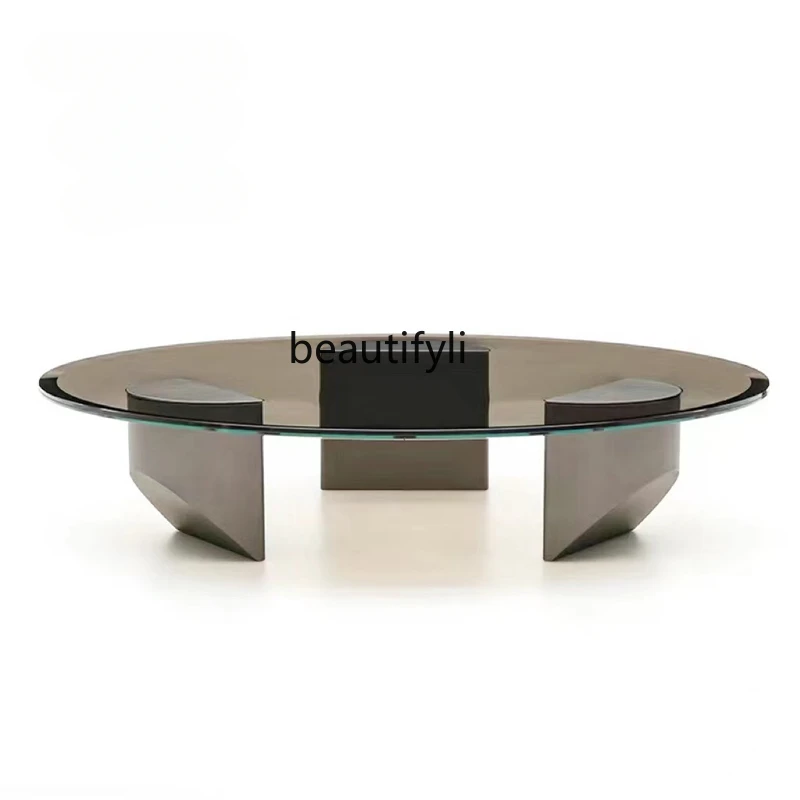 

Italian Light Luxury Modern Simple Coffee Table Small Apartment round Tempered Glass Stainless Steel Household Tea Table