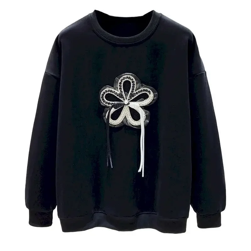 

98% Cotton Pullovers Women Fashion Flower Design Pullover Korean Style Long Sleeve Tops Casual Loose O-neck Sweatshirt Autumn