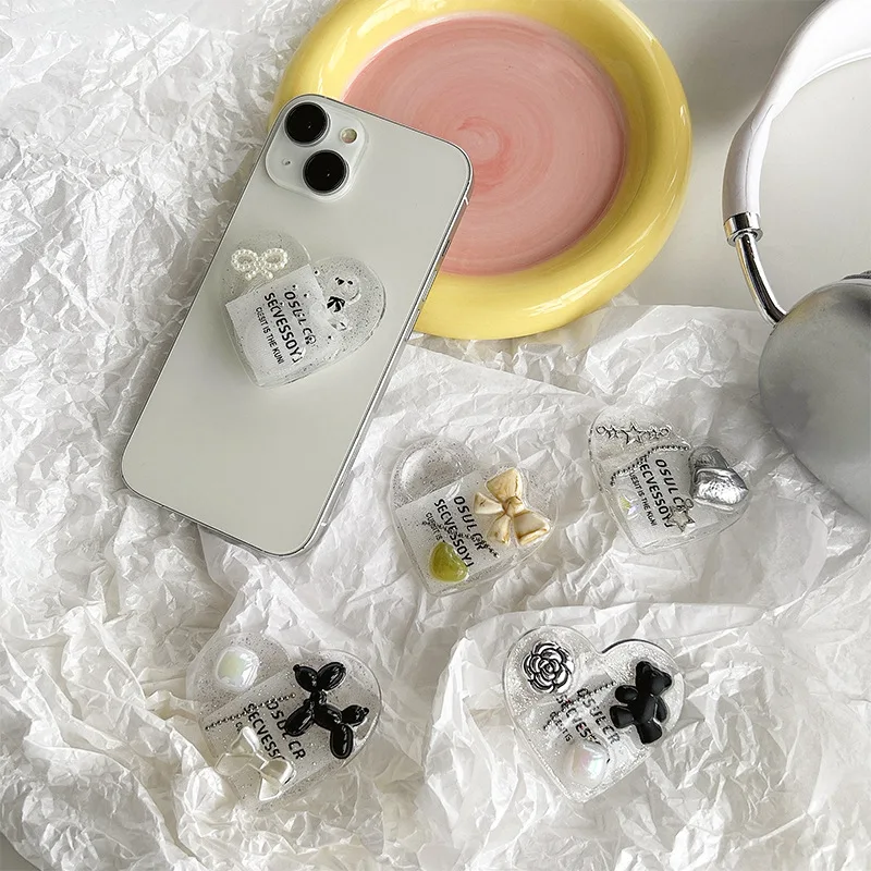 Korean Epoxy Glitter Love Heart Phone Grip Tok ins Pearl Bow Holder Ring For iPhone Universal Accessories Stand Holder Support