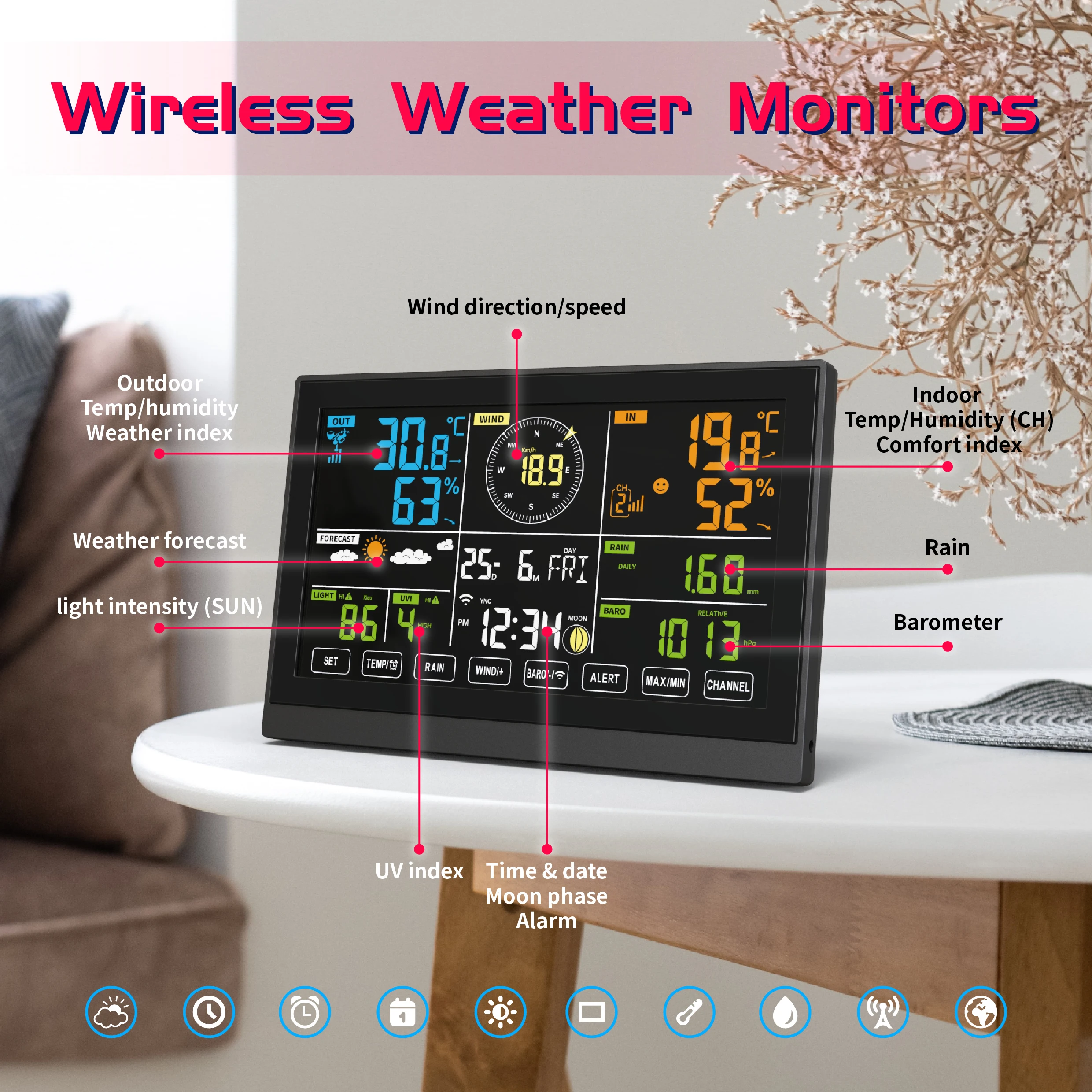 2024 New WiFi Wireless Weather Station 10.2 Inch  Wind/Rain Gauge/UV Index Solar Panel 7 in 1 Professional Weather Station