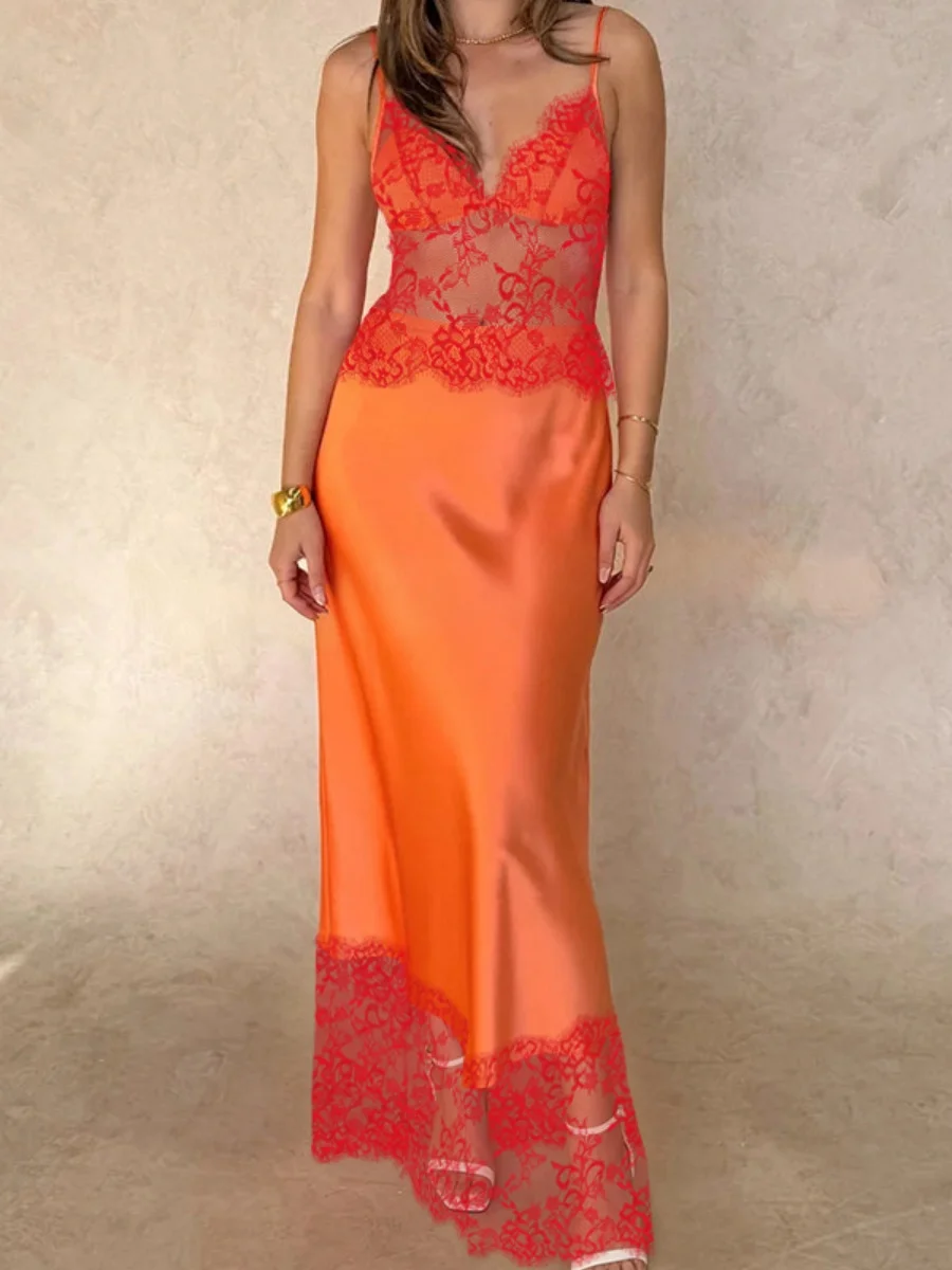 ชุดเดรสสายเดี่ยวลูกไม้เซ็กซี่สำหรับผู้หญิง ซีทรู ดีไซน์หรูหรา แขนกุด ยาวแบบแม็กซี่ เหมาะสำหรับวันหยุดพักผ่อน งานปาร์ตี้ แฟชั่นสำหรับสุภาพสตรี