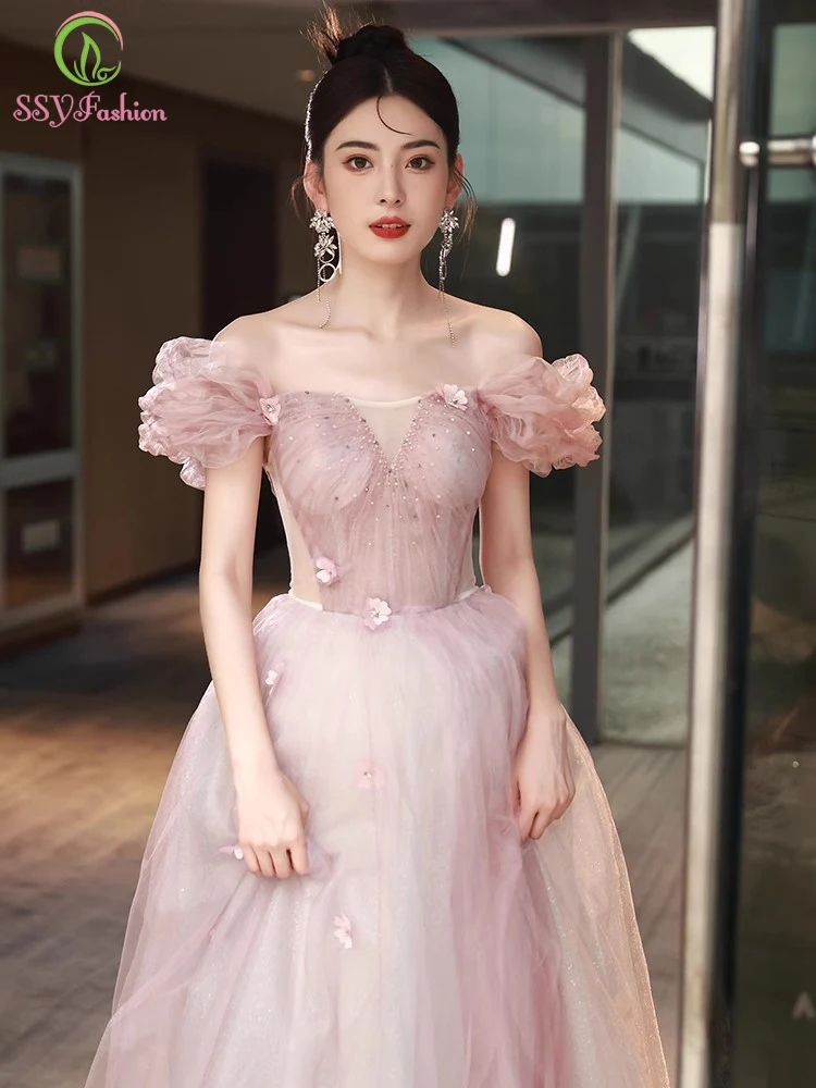 

SSYFashion New Sweet Pink Evening Dress Puff Sleeve Tulle A-line Floor-length Sequin Flowers Party Formal Gown Vestido De Festa