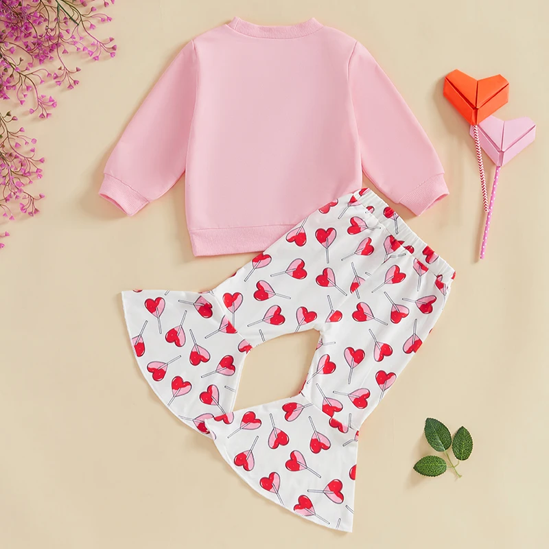 Listenwind Toddler Girls Valentine’s Day Outfits Long Sleeve Sweatshirt Tops + Heart Lollipop PFlared Pants Set Baby Clothes