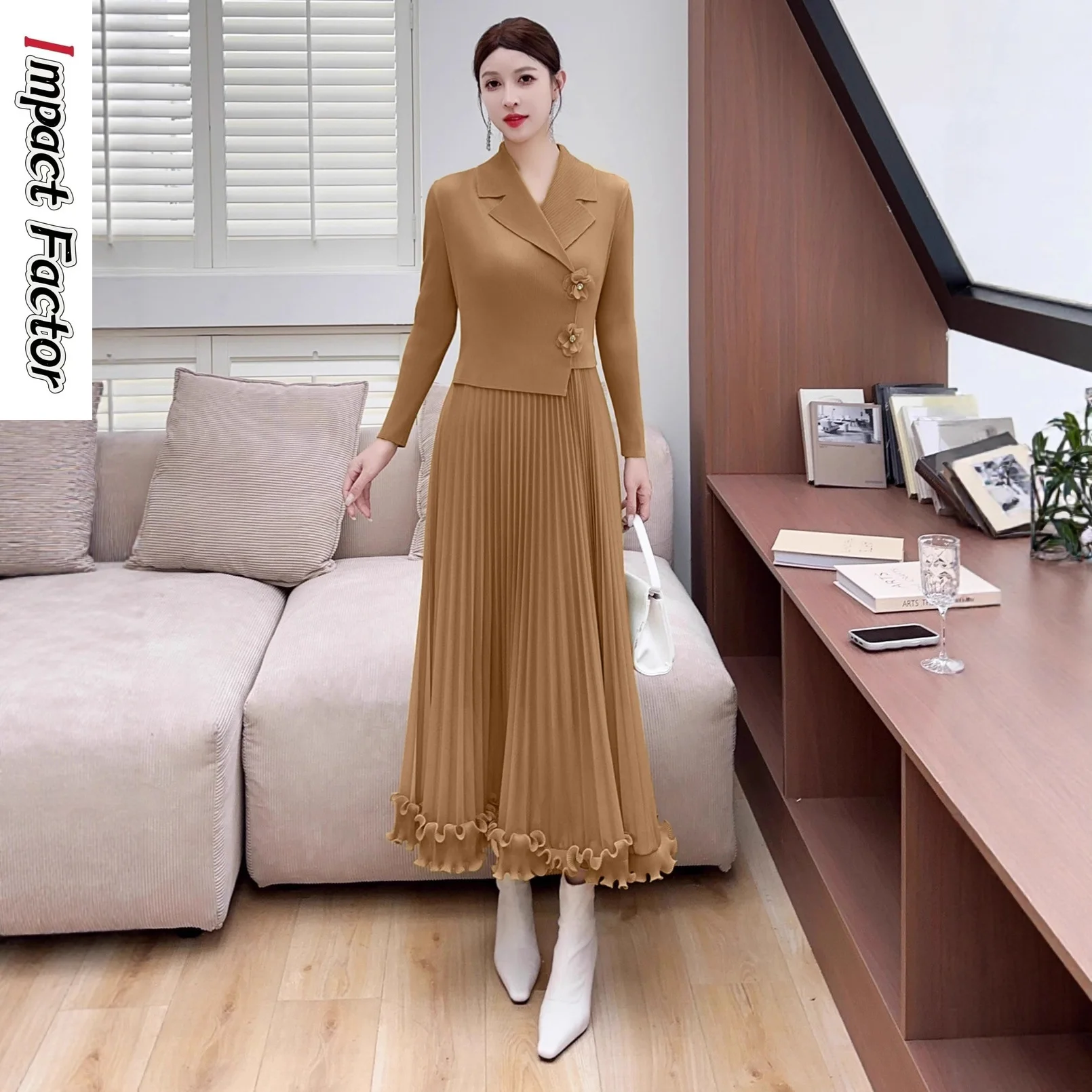 miyake-plisse-automne-nouvelle-robe-longue-robe-legere-luxe-haut-sens-costume-col-temperament-taille-mince-jupe-plissee