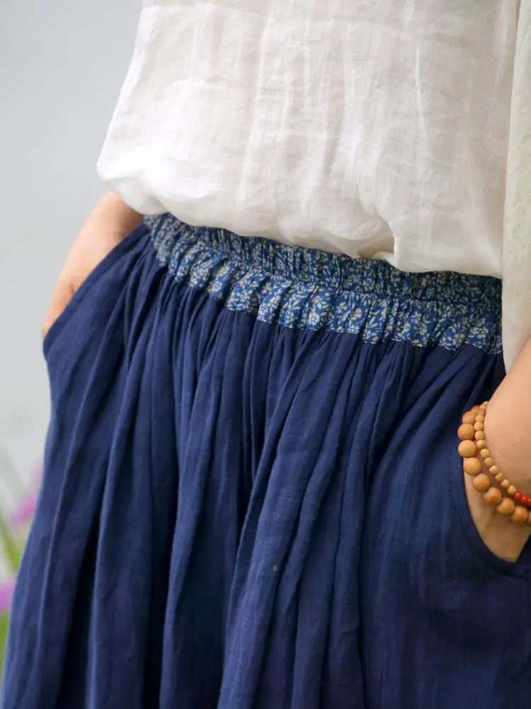 

Blue Floral Print Linen Skirt Women's Mid-Waist Gored Skirt Artistic Sle Casual Pure Color Summer Autumn Season