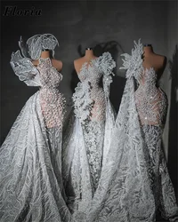 3 Designed Ivory Beaded Evening Dresses Customized Formal Occasion Dress Vestidos De Noche Engagement Dress Pearls Party Gowns