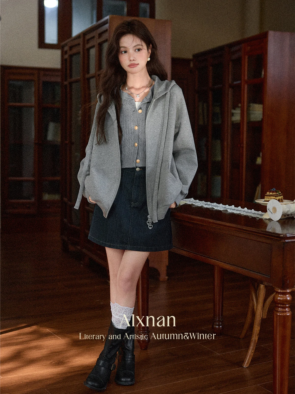 ALXNAN Plus Size Gray Hoodies Double Zipper Women's Sweatshirts Autumn Loose-fit Sports Pockets Casual Long Sleeve Coats D12639