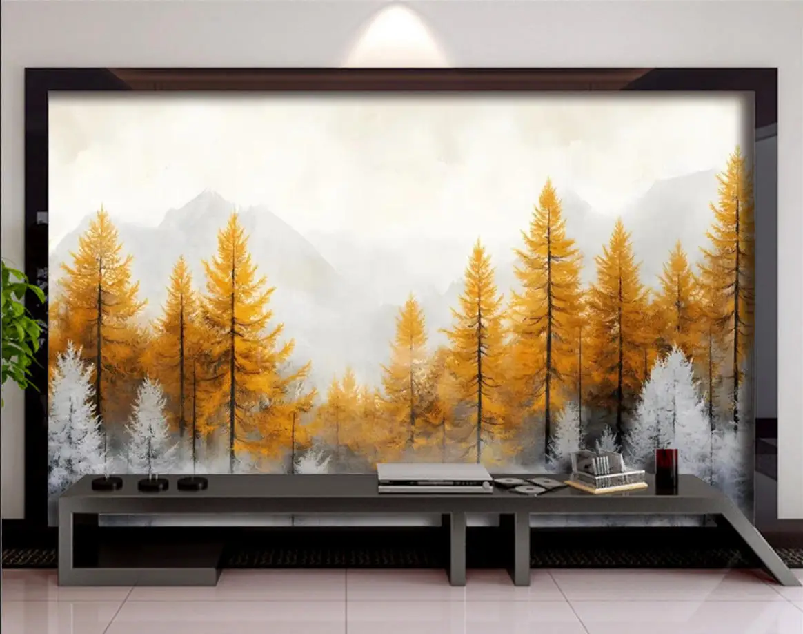 Customized Size Mural Mist Forest Mountain Wallpaper Home Decoration Pine Forest Cedar Snow Mountain Mural Tapestry 3D Wallpaper