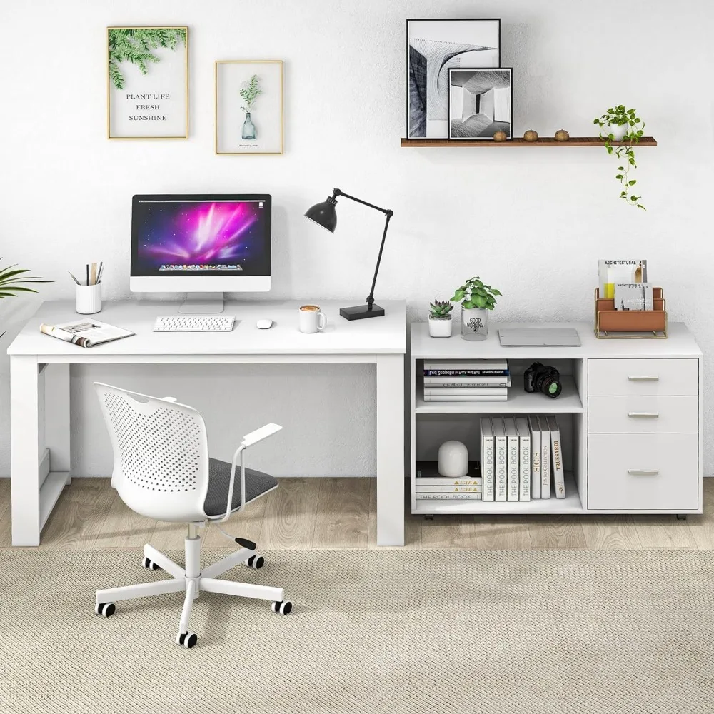 

55inch White L Shaped Desk, Corner Computer Desk with 3 Drawers and 2 Shelves, Writing Office Table