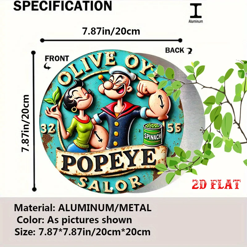 2D Flat - A 2D Flat Aluminum Tin Sign Featuring Spinach, a Sailor-Themed Round Design, And Popeye, Measuring 7.8 Inches in Diame